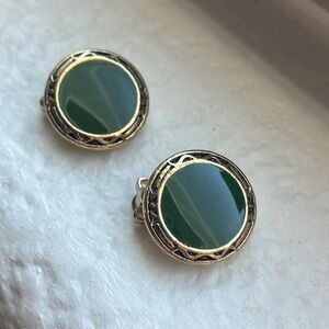 Clip-on Green and Gold tone Earrings with Intricate Design